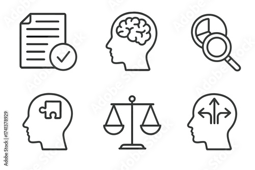 Critical thinking thin line icons set. Mental process collection. Symbols of facts, analysis, problem solving, rational decision making, logic, mind, brain, strategy, judgment.