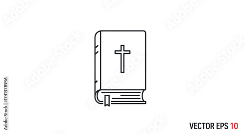 Holy Bible book with a Christian cross on the cover depicted as a simple line art icon.