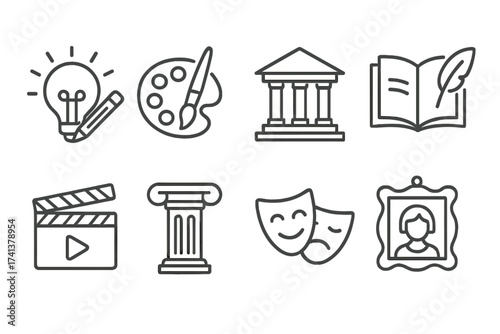 Culture and arts line icon set. Vector collection of creative symbols. Museum, literature, movie, architecture, theater, painting illustration. Thin outline pictograms.