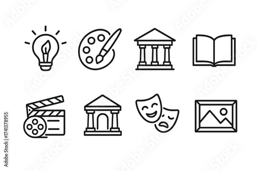 Art and culture web icon collection. Thin line style creative symbols. Museum, literature, movie, architecture, theater signs. Vector outline illustration pictogram set.