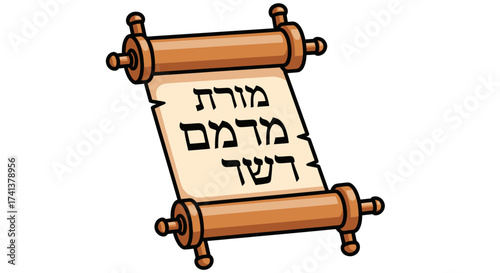 Ancient Hebrew Scroll with Wooden Rollers and Text.
