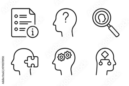 Critical thinking line icon set. Icons for facts, analysis, problem solving, rational decision making, and mental process. Head with gears, puzzle, and question mark vector.