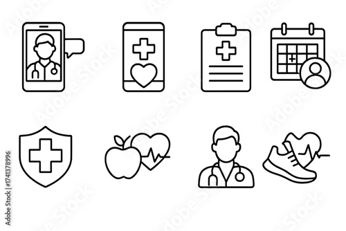 Digital healthcare and telemedicine line icon set. Online doctor consultation, medical app, e-health records. Healthy lifestyle, fitness and cardiology vector symbols.