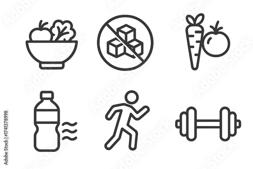 Healthy lifestyle line icon set for diet, fitness, nutrition. Vector collection of food, no sugar, vegetables, water, sport, wellness, running, gym dumbbell. Health icons.