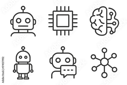 Artificial intelligence line icon set. Robot, bot, and chatbot head. AI brain, CPU microchip processor, and network hub symbol. Vector collection for technology web design.