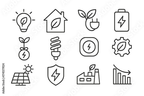 Green energy and ecology line icon set. Sustainable power, electricity saving, and renewable resource symbols. Vector collection with solar panel, eco house, and battery icons.