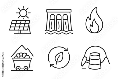 Energy types line icon set. Power and electricity generation concepts. Solar panel, hydroelectric dam, fossil fuel, coal mine, oil, and renewable bio energy vector icons.