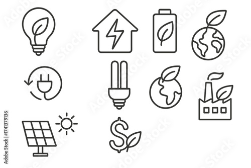 Green energy and energy saving vector line icon set. Ecology, sustainability, and renewable resources concept. Eco friendly electricity, solar panel, and planet conservation.