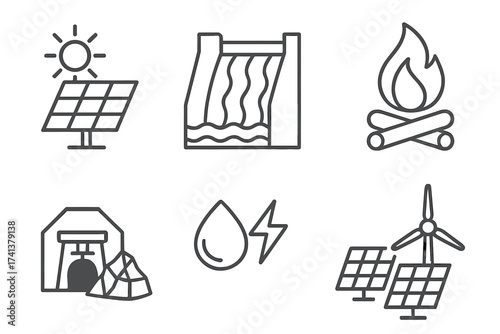 Energy types icon set. Line style vector collection. Solar panel, sun, hydroelectric dam, water power, fire, biomass, coal mine, fossil fuel, wind turbine. Renewable energy.