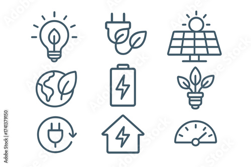 Energy saving line icon set. Green energy and ecology concepts. Renewable electricity symbols. Solar panel, eco lightbulb, battery, and sustainable power vector icons collection.