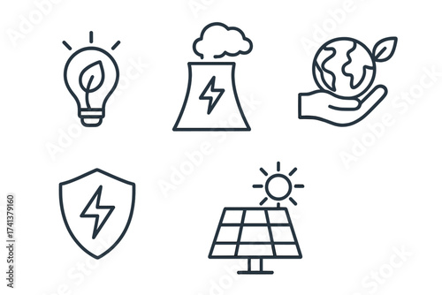 Energy efficiency and green power line icons. Vector icon set of renewable energy concepts. Solar panel, planet care, eco friendly lightbulb, power plant, protection symbol.