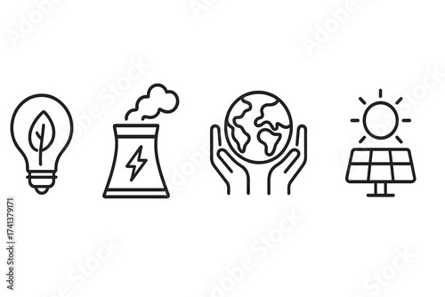 Energy efficiency line icon set. Green energy, power plant, planet care, and solar panel symbols. Vector icons for web design. Ecology, sustainability, and conservation concept.