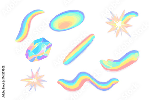 Iridescent crystal leak glare reflection effect. Optical wavy rainbow ray lights, glare, leak, streak overlay. Vector colorful lenses and light flares. Holographic abstract set.