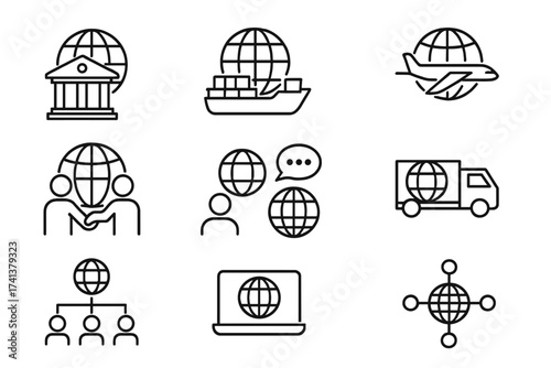 Global business thin line icons collection. Vector symbols for international trade, banking, logistics, transport, partnership, and communication. Global network and shipping icon set.