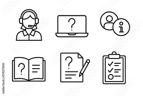 Help and support line icons set. Vector collection of customer service symbols. Online assistant, FAQ, info center, guide, manual, and contact us web pictograms collection.