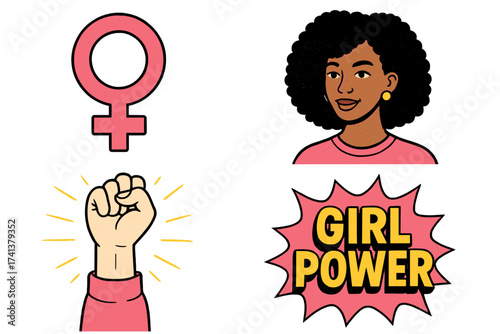 Girl power vector set for Women's Day. Feminist concept illustrations with black woman, raised fist, Venus symbol. Pop art collage for empowerment, equality protest poster.