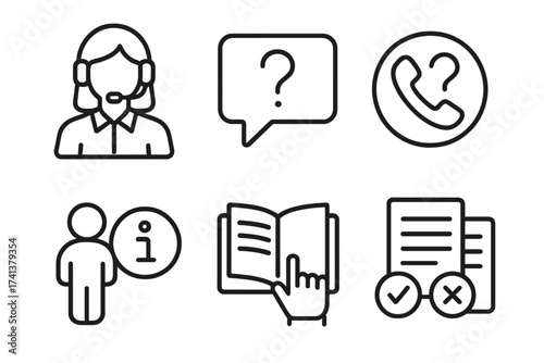 Help and support line icons set. Customer service assistant, online help center, instruction manual, and rules guide. Vector collection for web and mobile interface design.