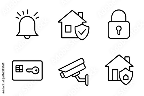 Home security thin line icon set. Vector outline symbols for safety and protection. Includes alarm, cctv camera, smart key card, padlock, and house shield for insurance.