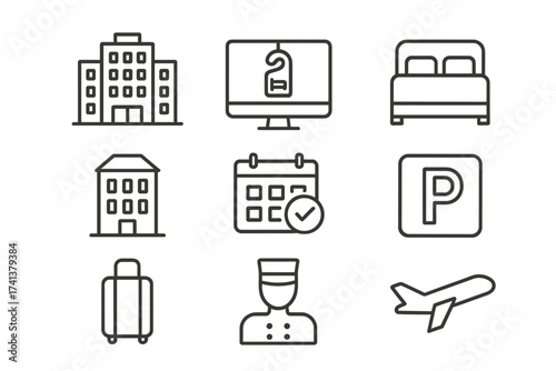 Hotel services and booking line icon collection. Vector symbols for travel, accommodation, rental, reservation. Pictograms of airport, parking, luggage, room, and online app.