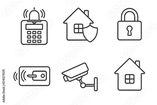 Home security web icons in a thin line style. Alarm system, insurance, lock, key card, security camera, and home protection. Vector illustration set on a transparent background.