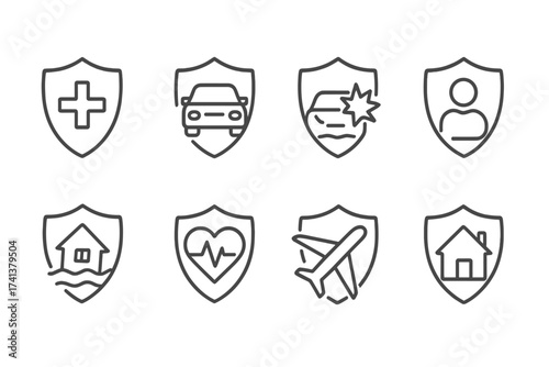 Insurance icon set in line style. Concepts of medical, health, car, home, life, and travel insurance. Vector icons for web, protection, safety, accident, and property damage.