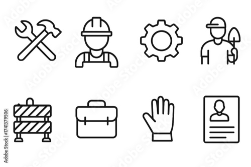Construction and labor line icons. Worker, builder, engineer, job, and industry vector symbol collection. Outline pictograms of tools, gear, safety glove, and road barrier.