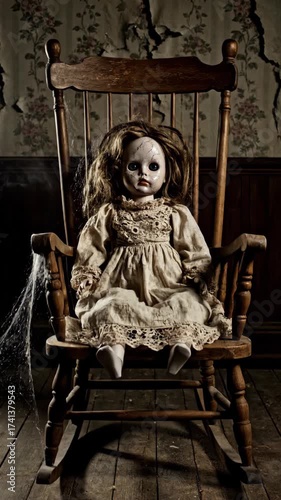 Eerie Antique Doll Sitting on Rocking Chair in Abandoned Room