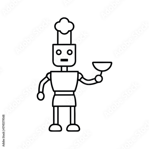 Friendly cartoon robot chef wearing a tall hat and holding a small bowl in its hand. robot cartoon character.