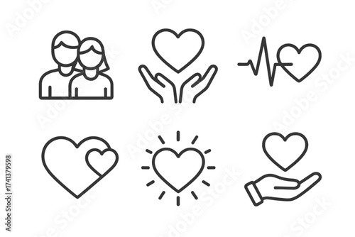 Love icon set line style. Couple, relationship, heartbeat, romance, feeling, care icons. Valentine's day symbol. Giving love heart, health, passion, charity pictogram collection.