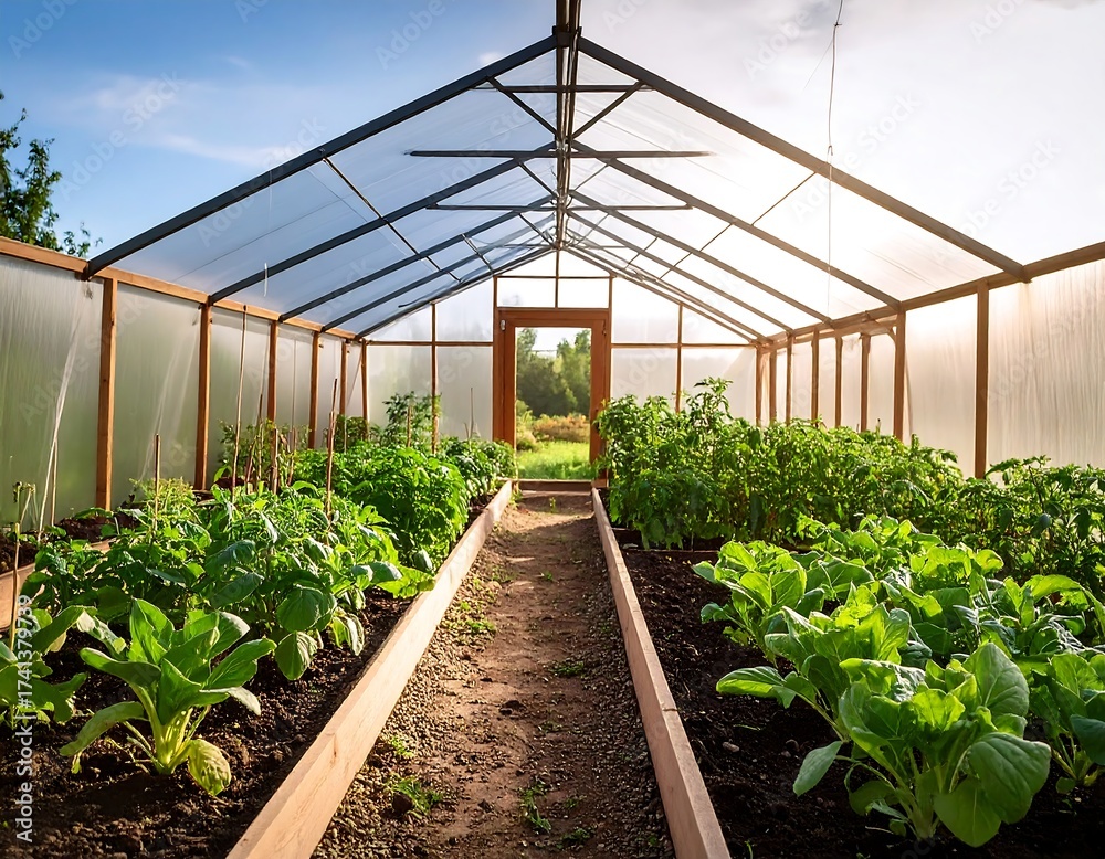 Fototapeta premium Sun-drenched greenhouse garden