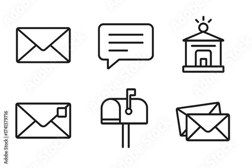 Mailing web icons in a simple line style. Email, text message, post office, mail, and mailbox collection. Vector illustration set with a transparent background.
