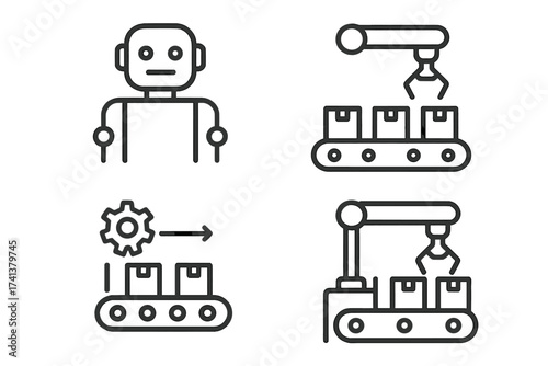 Mass production line icon set. Industrial automation, factory workflow, robotics concepts. Vector icons of a robot, conveyor belt, and robotic arm for modern manufacturing.
