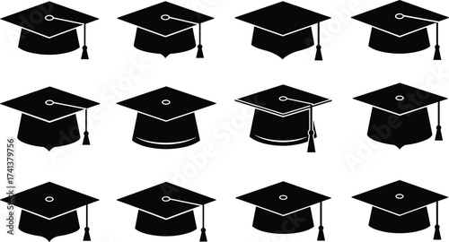 Graduation cap icon set with tassel variations, academic symbols, black mortarboard silhouettes, education vector illustration for ceremony design