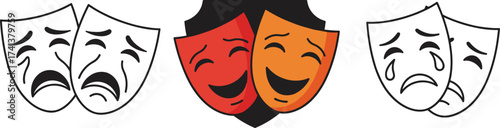 Theatrical comedy and tragedy masks illustration, drama performance symbol, classic theater art vector, emotional expression, entertainment culture, stage design concept