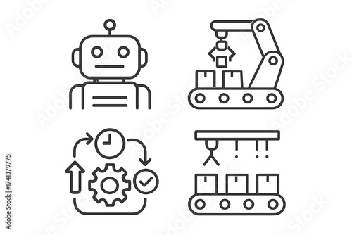 Mass production and industrial automation line icon set. Vector icons of robot, factory conveyor belt, robotic arm, and efficient workflow process for modern manufacturing.