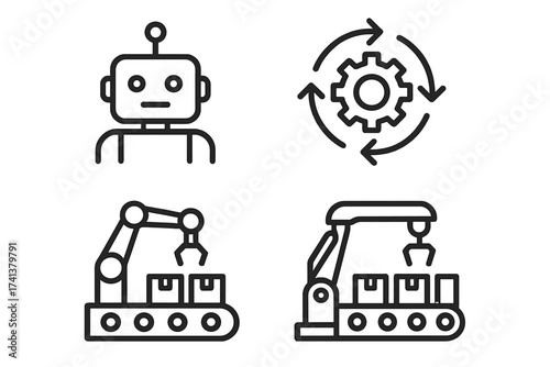 Mass production line icon set. Industrial automation and robotics concepts. Vector icons of a robot, workflow process, and factory conveyor belt with a robotic arm.