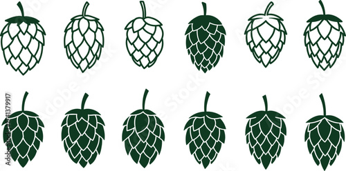 Hop cone icon set with green outline and solid styles, brewing ingredient vector illustration for beer, ale, craft design
