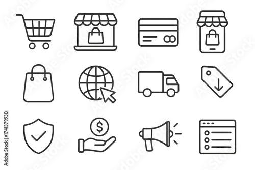 Online shopping and e-commerce line icon set. Vector collection for web shop, digital marketing. Includes credit card, mobile store, delivery, payment and security signs.