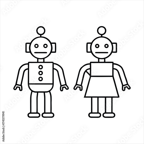 Simple outline drawing of two cartoon robots one male and one female standing side by side. robot cartoon character.