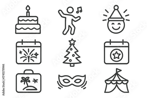 Party and celebration line icons set. Vector collection for web. Includes birthday cake, dancing, New Year, Christmas, event calendar, travel, vacation, carnival mask, circus tent.
