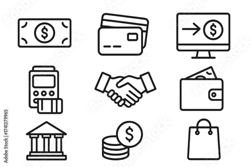 Payment and finance web icons in line style. Set of money, payment methods, pay online, credit card, business, wallet, bank, and shopping symbols. Vector collection.