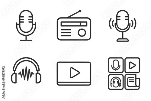 Podcast line icon set. Microphone, radio, webcast and streaming symbols. Audio, video, and news media collection. Vector graphic elements for web and app interface design.