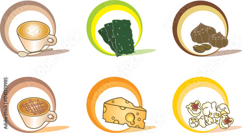 Vector graphics: coffee, seaweed, cheese, popcorn, chocolate, latte, cappuccino, mocha