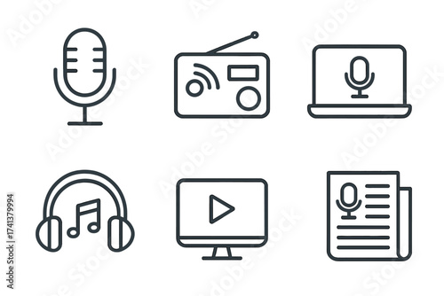 Podcast and webcast icon set in line style. Radio, microphone, streaming, audio, video, news collection. Vector illustration for web, app, ui ux design. Broadcast symbols.