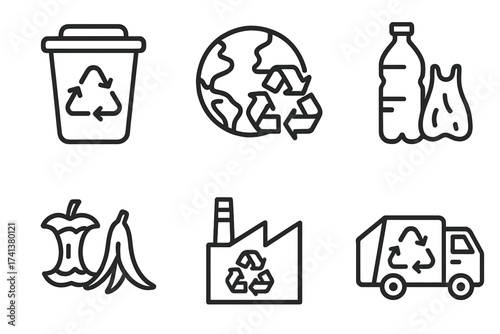 Recycling line icon set for waste management. Environmental concept. Garbage sorting, plastic, organic food waste. Recycle plant, truck, planet earth vector symbols.