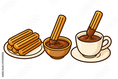 Vector illustration of churros with hot chocolate dip. Traditional Spanish and Mexican sweet dessert snack. Fried dough pastry sticks on a plate, bowl and cup for a cafe menu.