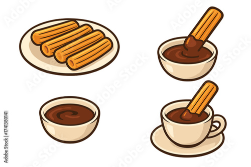 Churros with chocolate sauce vector icon set. Traditional Spanish, Mexican pastry dessert. Sweet snack food dipping in hot chocolate bowl and cup. Isolated cartoon illustration.