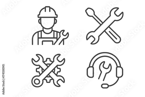 Technical support and repair service thin line icons. Maintenance, engineer, and settings symbols. Mechanic with wrench, cog and tools for fixing. Vector pictogram collection.