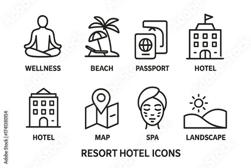 Resort hotel travel icon set. Line art collection for tourism and vacation. Wellness, beach, passport, map, spa, landscape. Vector symbols for booking and holiday planning.