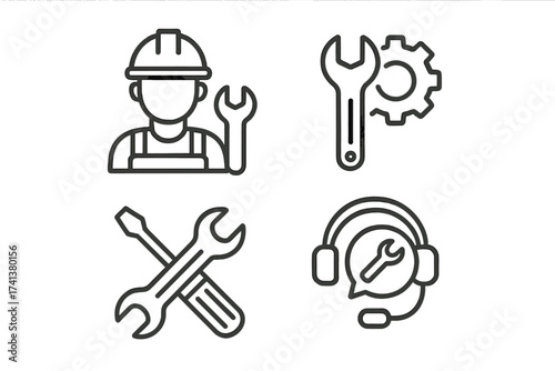Repair icons line style set. Engineer, maintenance and tools collection. Technical support symbol. Mechanic, worker, handyman with wrench. Settings gear, screwdriver vector.